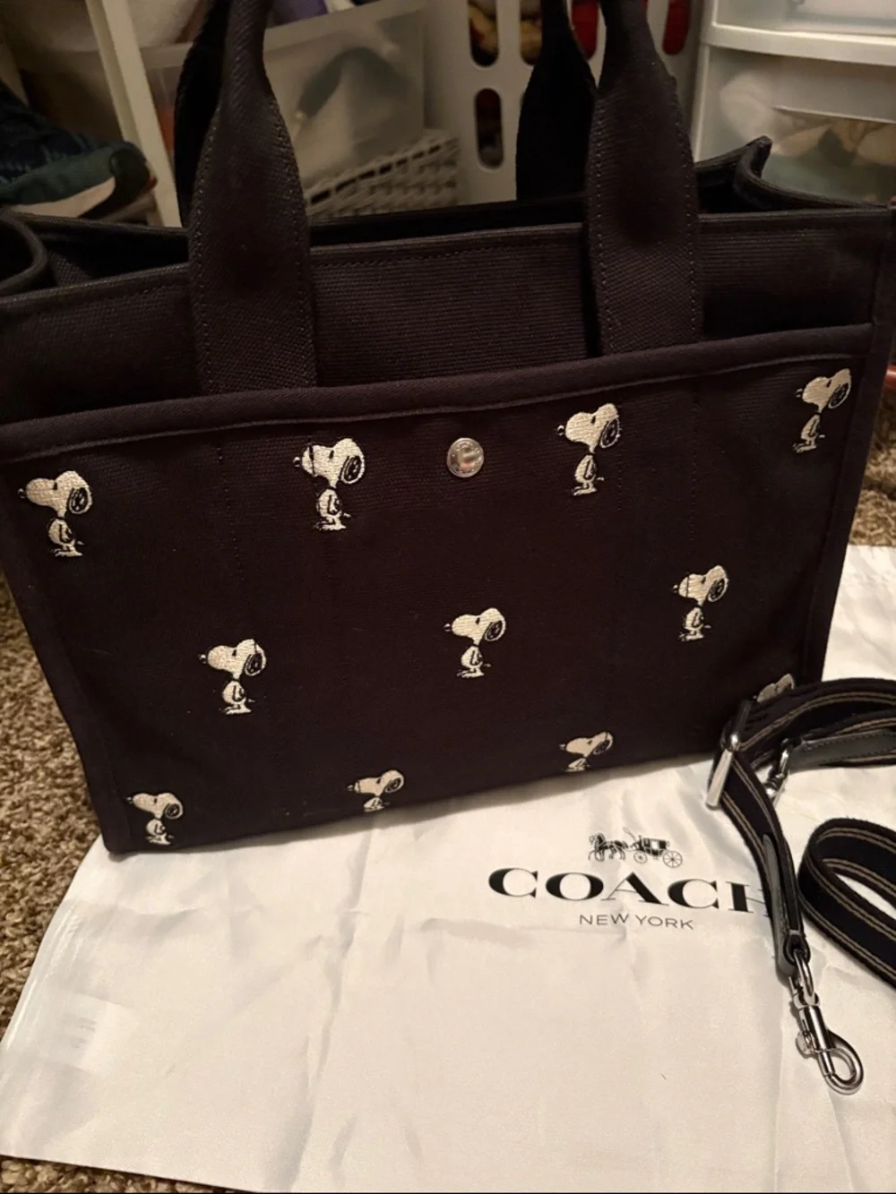 Coach X Peanuts Snoopy Black Canvas Tote with Yellow Woodstock Charm - Picture 6 of 9